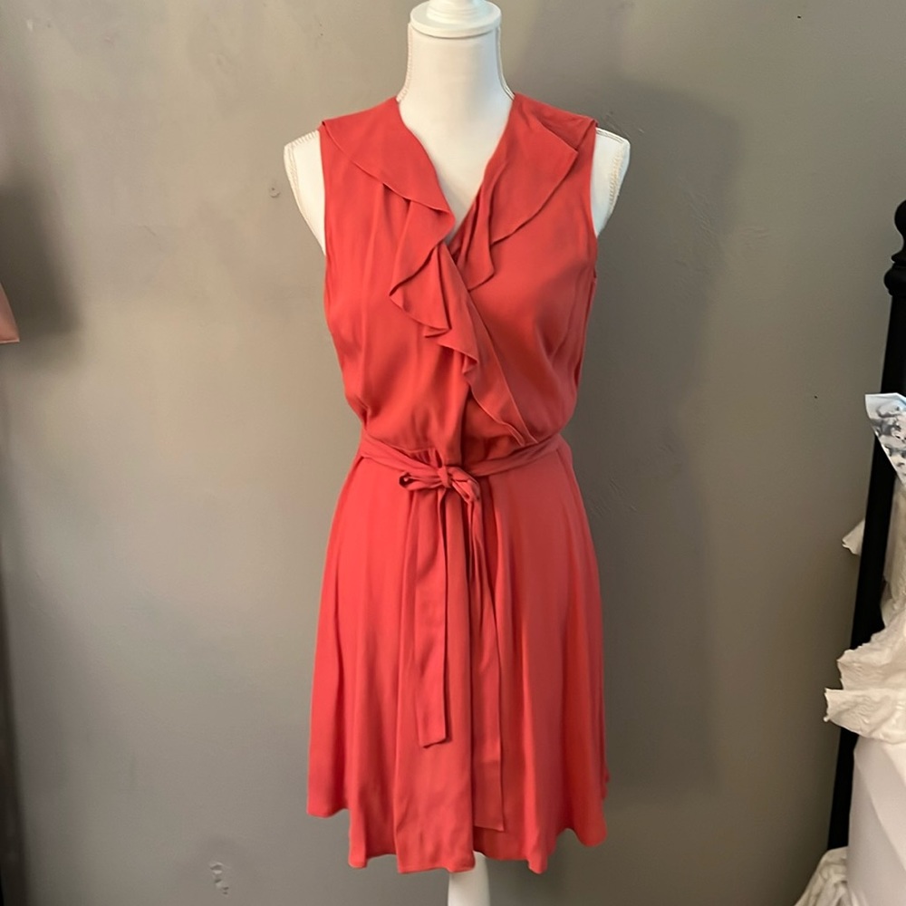 LOFT Coral Ruffle Tie-Waist Mini Dress
